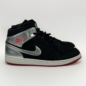 Nike Air Jordan 1 Mid Black Metallic Silver Gym Red 554724-057 Mens Size 12